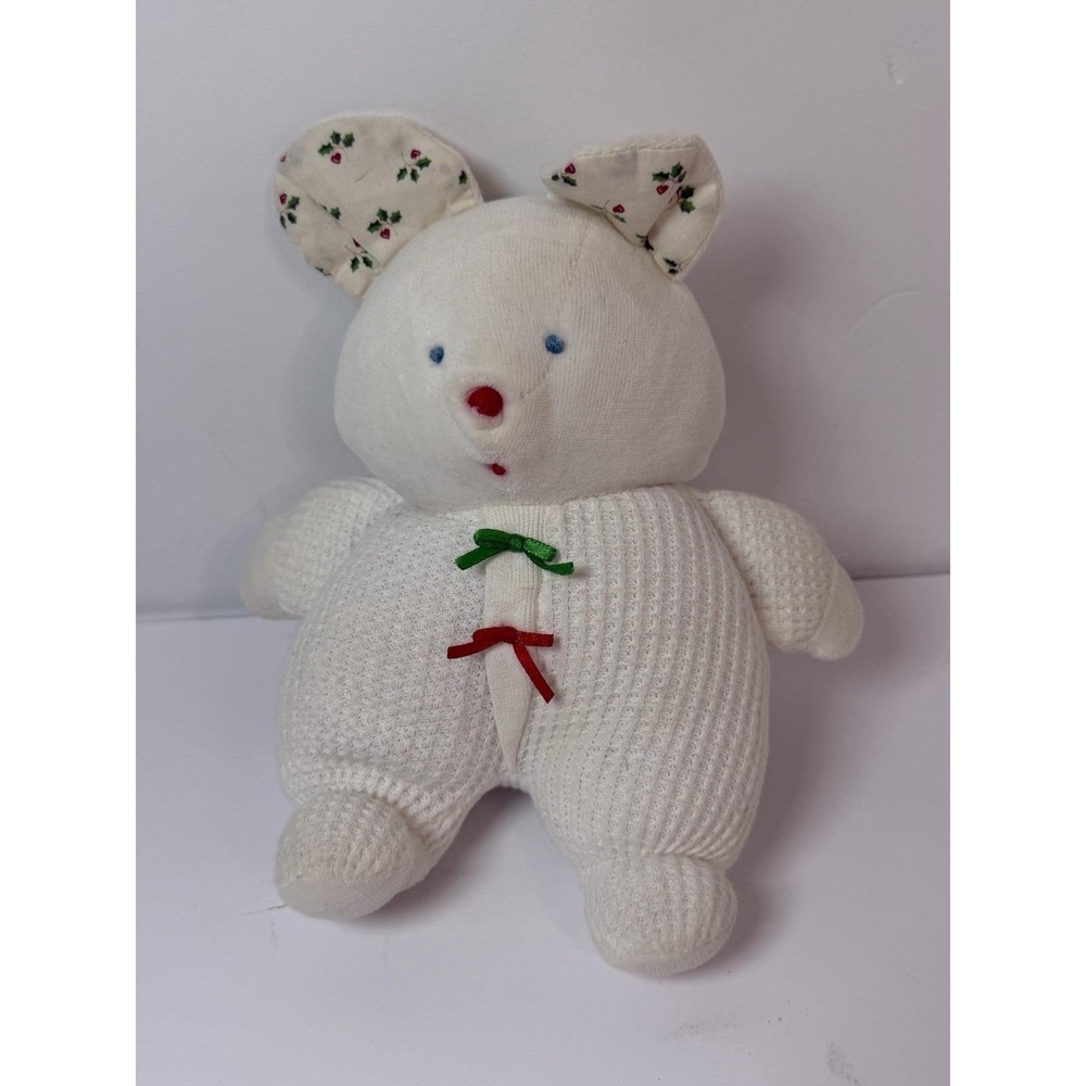 Eden Plush White Baby‎ Bear? Mouse? Thermal Waffle Weave 8" Holly Berry Design